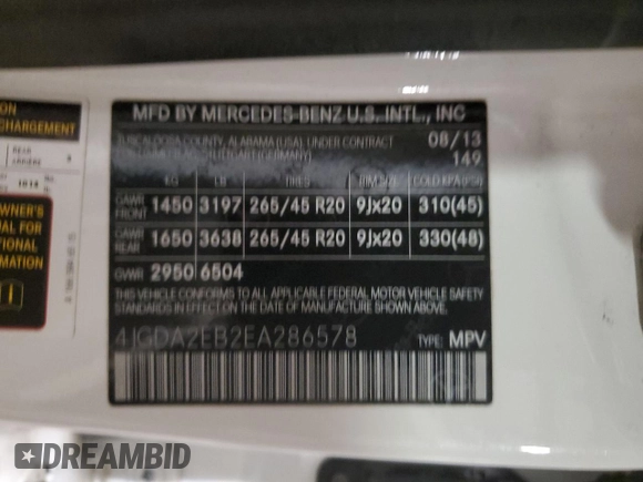 2014 Mercedes-Benz M 350 with VIN 4JGDA2EB2EA286578, listed as a Copart auction lot 45470435 with 121,968 mi miles and Salvage Title. Bid and sale history available at DreamBid. Image 13.