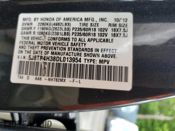 2013 Acura RDX with VIN 5J8TB4H38DL013954, listed as a Copart auction lot 60414635 with 181,377 mi miles and Salvage title. Bid and sale history available at DreamBid. Image 14.