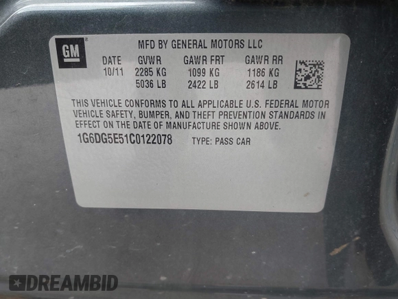2012 Cadillac CTS Luxury with VIN 1G6DG5E51C0122078, listed as a IAAI auction lot 42086692 with 125,231 mi miles and . Bid and sale history available at DreamBid. Image 9.