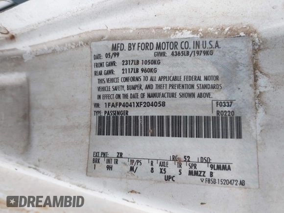 1999 Ford Mustang z VIN 1FAFP4041XF204058, wystawiony jako IAAI lot #41714519 z przebiegiem Nie podano mil oraz . Historia ofert i sprzedaży dostępna na DreamBid. Obrazek 9.