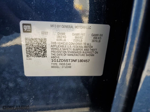 2022 Chevrolet Malibu LT with VIN 1G1ZD5ST3NF180457, listed as a Copart auction lot 51688175 with 69,378 mi miles and Salvage Title. Bid and sale history available at carsss.com. Image 12.