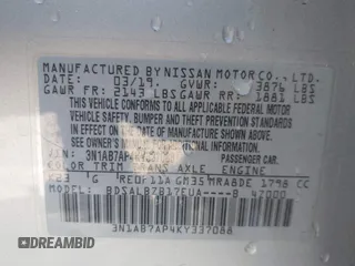 2019 Nissan Sentra SV z VIN 3N1AB7AP4KY337088, wystawiony jako IAAI lot #41762716 z przebiegiem 53 776 mil mil oraz . Historia ofert i sprzedaży dostępna na DreamBid. Obrazek 9.