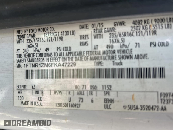 2015 Ford Transit Cargo with VIN 1FTNR1ZM6FKA47229, listed as a Copart auction lot 64808455 with 227,682 mi miles and Clean title. Bid and sale history available at DreamBid. Image 10.