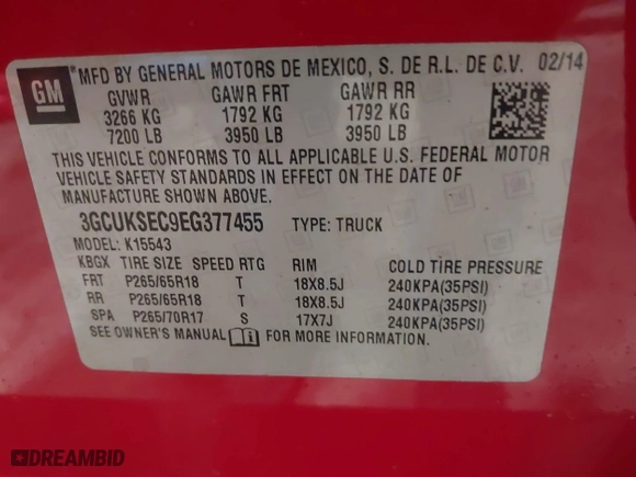 2014 Chevrolet Silverado 1500 LTZ with VIN 3GCUKSEC9EG377455, listed as a IAAI auction lot 41640229 with 137,755 mi miles. Bid and sale history available at carsss.com. Image 9.