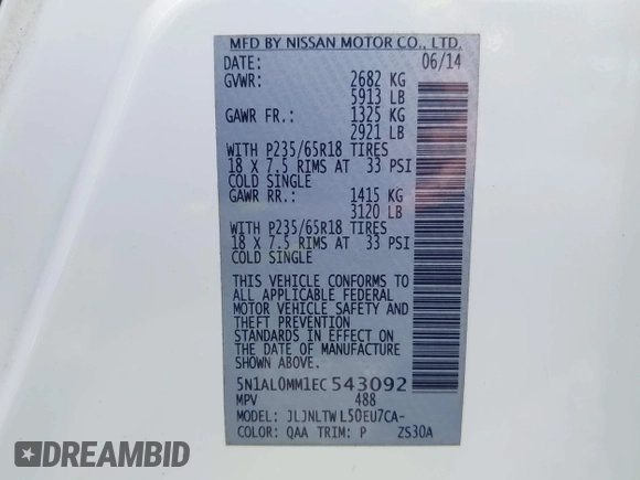 2014 Infiniti QX60 with VIN 5N1AL0MM1EC543092, listed as a IAAI auction lot 42784721 with 176,448 mi miles and . Bid and sale history available at DreamBid. Image 9.