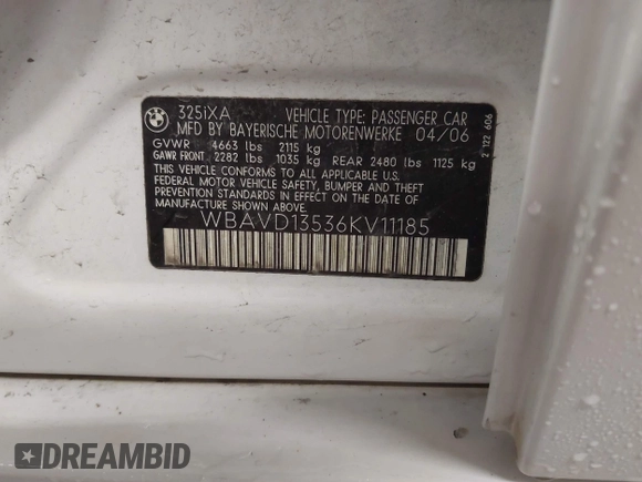 2006 BMW 3 Series 325xi with VIN WBAVD13536KV11185, listed as a IAAI auction lot 42543717 with Not provided miles and . Bid and sale history available at DreamBid. Image 9.