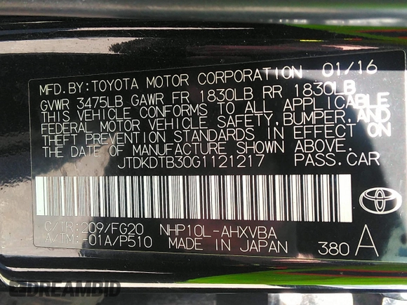 2016 Toyota Prius One z VIN JTDKDTB30G1121217, wystawiony jako IAAI lot #41977530 z przebiegiem 110 034 mil mil oraz . Historia ofert i sprzedaży dostępna na DreamBid. Obrazek 9.