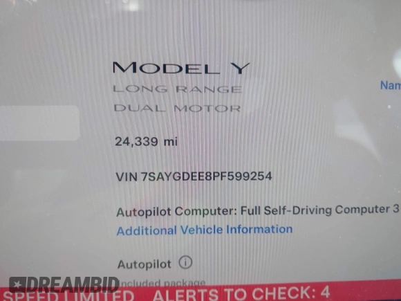 2023 Tesla Model Y Long Range with VIN 7SAYGDEE8PF599254, listed as a IAAI auction lot 41718342 with 24,339 mi miles and . Bid and sale history available at carsss.com. Image 16.