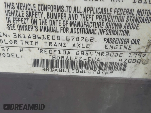 2008 Nissan Sentra S with VIN 3N1AB61E08L678762, listed as a IAAI auction lot 42014905 with 177,550 mi miles and . Bid and sale history available at DreamBid. Image 9.