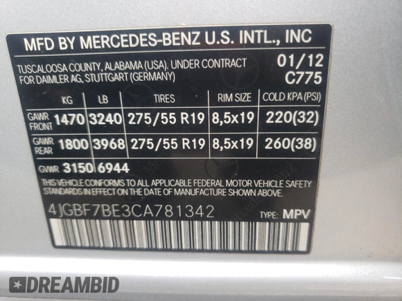 2012 Mercedes-Benz GL-Class GL 450 with VIN 4JGBF7BE3CA781342, listed as a Copart auction lot 69068224 with 251,918 mi miles and Clean Title. Bid and sale history available at carsss.com. Image 13.