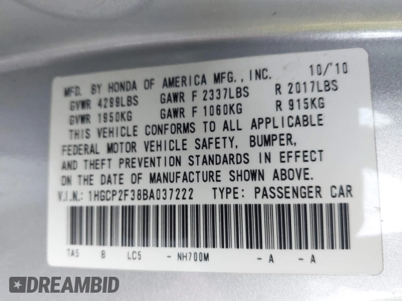 2011 Honda Accord LX with VIN 1HGCP2F38BA037222, listed as a IAAI auction lot 42202513 with 152,893 mi miles and . Bid and sale history available at DreamBid. Image 9.