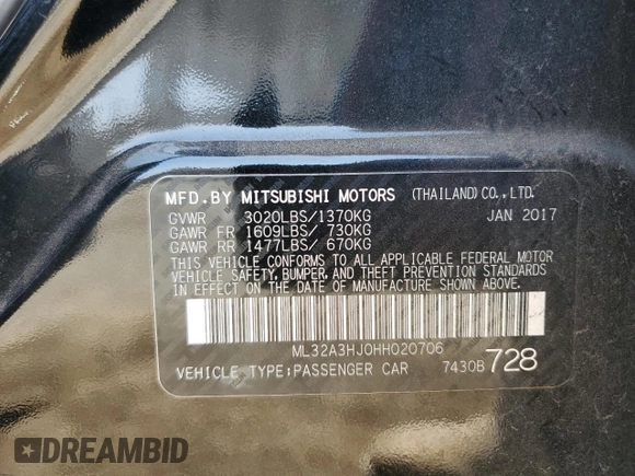 2017 Mitsubishi Mirage ES with VIN ML32A3HJ0HH020706, listed as a Copart auction lot 61858925 with 66,898 mi miles and Salvage title. Bid and sale history available at DreamBid. Image 12.