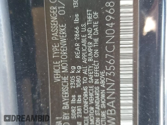 2007 BMW 5 Series 530xi with VIN WBANN73567CN04968, listed as a Copart auction lot 61217315 with 98,153 mi miles and Salvage title. Bid and sale history available at DreamBid. Image 12.