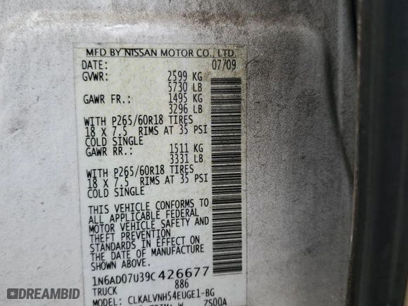 2009 Nissan Frontier SE with VIN 1N6AD07U39C426677, listed as a Copart auction lot 43524135 with 183,168 mi miles and Salvage Title. Bid and sale history available at carsss.com. Image 12.
