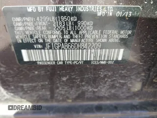 2013 Subaru Impreza Premium z VIN JF1GPAB66DH842209, wystawiony jako IAAI lot #41666540 z przebiegiem 187 095 mil mil oraz . Historia ofert i sprzedaży dostępna na DreamBid. Obrazek 9.