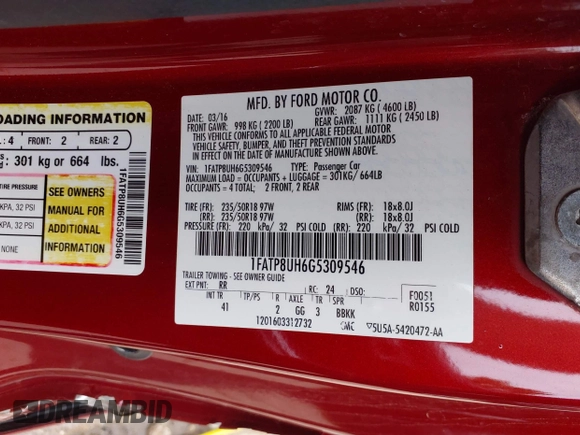 2016 Ford Mustang EcoBoost Premium with VIN 1FATP8UH6G5309546, listed as a IAAI auction lot 42260003 with 96,791 mi miles and . Bid and sale history available at DreamBid. Image 9.