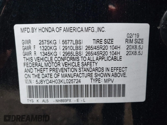 2019 Acura MDX Technology with VIN 5J8YD4H03KL025724, listed as a IAAI auction lot 39401800 with 66,988 mi miles and . Bid and sale history available at DreamBid. Image 9.