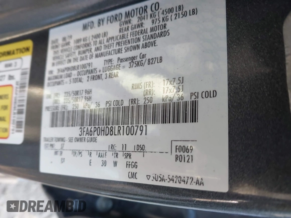 2020 Ford Fusion SE with VIN 3FA6P0HD8LR100791, listed as a IAAI auction lot 41375486 with 68,982 mi miles. Bid and sale history available at carsss.com. Image 9.
