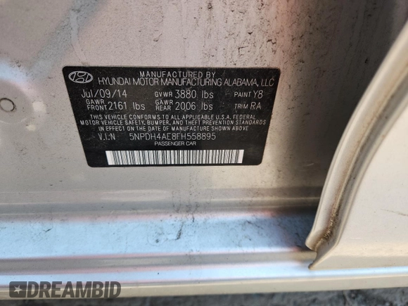 2015 Hyundai Elantra SE with VIN 5NPDH4AE8FH558895, listed as a Copart auction lot 63580425 with 106,504 mi miles and Salvage title. Bid and sale history available at DreamBid. Image 12.