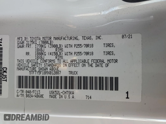2021 Toyota Tundra 2WD SR with VIN 5TFTY5F18MX012087, listed as a Copart auction lot 88883235 with 81,059 mi miles and Salvage Title. Bid and sale history available at carsss.com. Image 12.