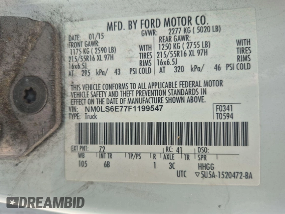 2015 Ford Transit Connect XL with VIN NM0LS6E77F1199547, listed as a IAAI auction lot 42621202 with 193,870 mi miles and . Bid and sale history available at DreamBid. Image 1.