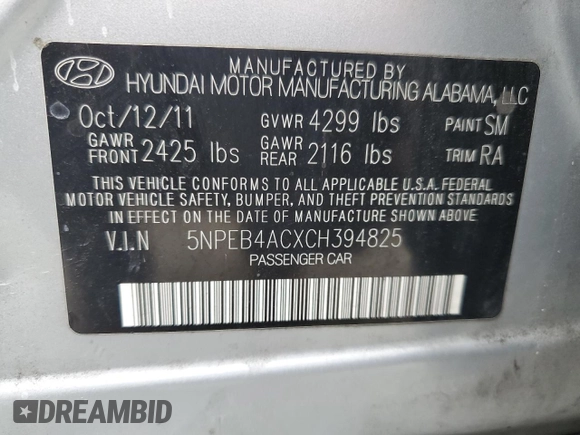 2012 Hyundai Sonata GLS with VIN 5NPEB4ACXCH394825, listed as a Copart auction lot 53689925 with 181,314 mi miles and Clean Title. Bid and sale history available at carsss.com. Image 12.