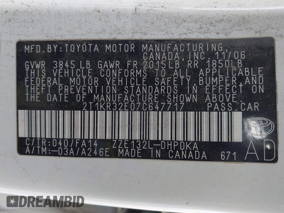 2007 Toyota Matrix STD z VIN 2T1KR32E07C647717, wystawiony jako IAAI lot #42054844 z przebiegiem 231 281 mil mil oraz . Historia ofert i sprzedaży dostępna na DreamBid. Obrazek 9.