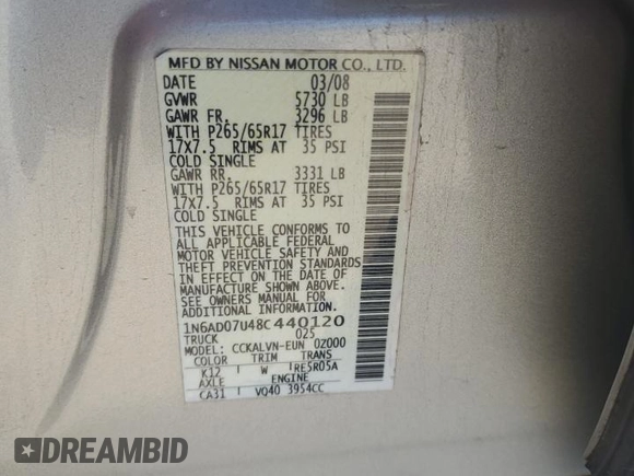 2008 Nissan Frontier SE with VIN 1N6AD07U48C440120, listed as a Copart auction lot 83736214 with 202,713 mi miles and Clean title. Bid and sale history available at DreamBid. Image 15.