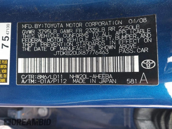 2008 Toyota Prius with VIN JTDKB20UX87776463, listed as a IAAI auction lot 42135235 with 179,768 mi miles. Bid and sale history available at carsss.com. Image 9.