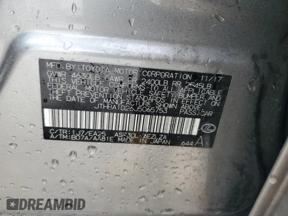 2018 Lexus IS 300 with VIN JTHBA1D26J5065753, listed as a Copart auction lot 54759645 with 87,420 mi miles and Salvage title. Bid and sale history available at DreamBid. Image 12.