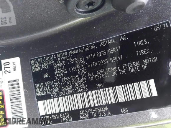 2024 Toyota Sienna XLE with VIN 5TDJSKFC8RS134633, listed as a IAAI auction lot 41498598 with 9,689 mi miles and . Bid and sale history available at DreamBid. Image 9.