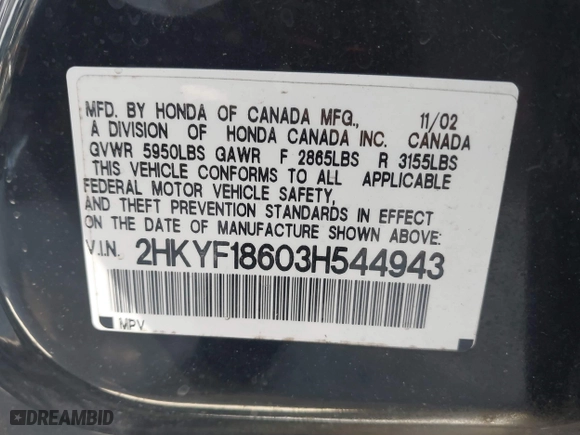 2003 Honda Pilot EX with VIN 2HKYF18603H544943, listed as a IAAI auction lot 41726443 with 178,413 mi miles. Bid and sale history available at carsss.com. Image 9.