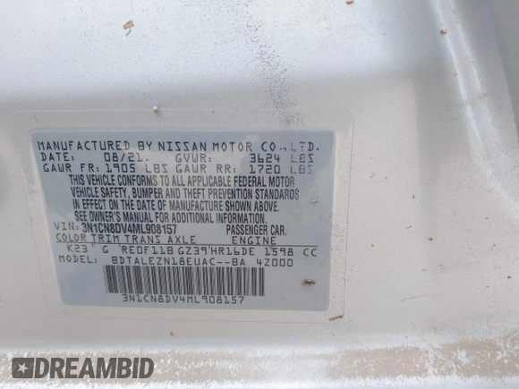 2021 Nissan Versa S with VIN 3N1CN8DV4ML908157, listed as a IAAI auction lot 41979835 with 38,549 mi miles and . Bid and sale history available at DreamBid. Image 9.