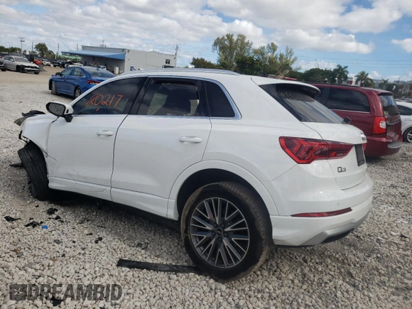 2021 Audi Q3 Premium with VIN WA1AUCF3XM1145682, listed as a Copart auction lot 37556793 with 20,217 mi miles. Bid and sale history available at carsss.com. Image 2.