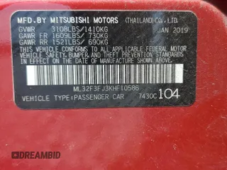 2019 Mitsubishi Mirage ES z VIN ML32F3FJ3KHF10586, wystawiony jako Copart lot #57553515 z przebiegiem 90 408 mil mil oraz Nie do naprawy • Non repairable. Historia ofert i sprzedaży dostępna na DreamBid. Obrazek 12.