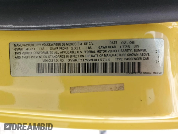 2008 Volkswagen Beetle SE with VIN 3VWRF31Y68M415714, listed as a Copart auction lot 41747365 with 84,406 mi miles and Salvage title. Bid and sale history available at DreamBid. Image 14.