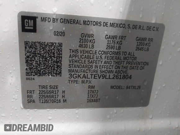 2020 GMC Terrain SLE with VIN 3GKALTEV9LL261804, listed as a IAAI auction lot 42256965 with 43,625 mi miles and . Bid and sale history available at DreamBid. Image 9.