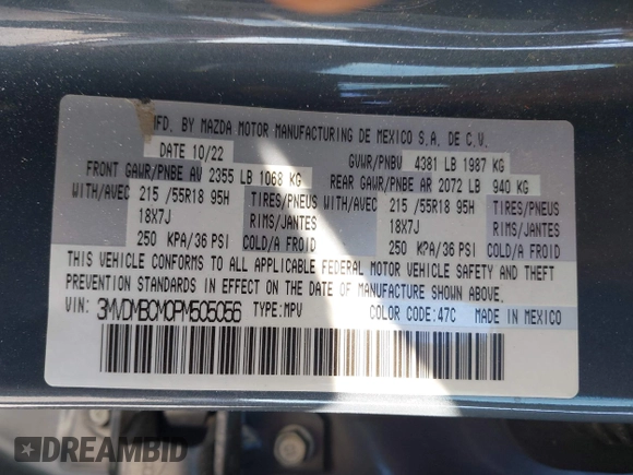 2023 Mazda CX-30 S Preferred z VIN 3MVDMBCM0PM505056, wystawiony jako IAAI lot #41647117 z przebiegiem 56 187 mil mil oraz . Historia ofert i sprzedaży dostępna na DreamBid. Obrazek 9.