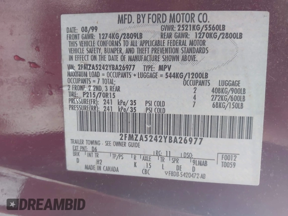 2000 Ford Windstar SE z VIN 2FMZA5242YBA26977, wystawiony jako IAAI lot #41499880 z przebiegiem Nie podano mil oraz . Historia ofert i sprzedaży dostępna na DreamBid. Obrazek 9.