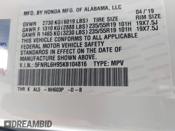2019 Honda Odyssey Elite z VIN 5FNRL6H95KB104816, wystawiony jako IAAI lot #42232490 z przebiegiem 77 465 mil mil oraz . Historia ofert i sprzedaży dostępna na DreamBid. Obrazek 9.