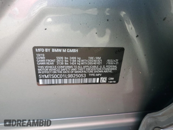 2020 BMW X3 M Competition with VIN 5YMTS0C01L9B25053, listed as a Copart auction lot 73847764 with 0 mi miles and Salvage Title. Bid and sale history available at carsss.com. Image 14.