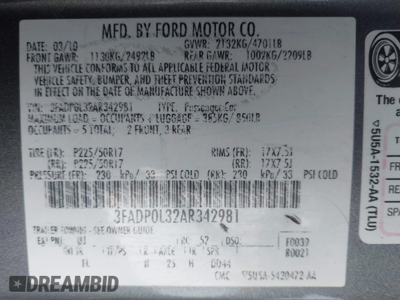 2010 Ford Fusion Hybrid with VIN 3FADP0L32AR342981, listed as a IAAI auction lot 42062235 with 287,126 mi miles. Bid and sale history available at carsss.com. Image 9.