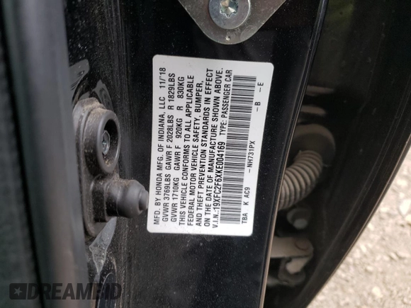 2019 Honda Civic LX with VIN 19XFC2F6XKE004169, listed as a Copart auction lot 83847414 with 65,517 mi miles and Salvage Title. Bid and sale history available at DreamBid. Image 12.