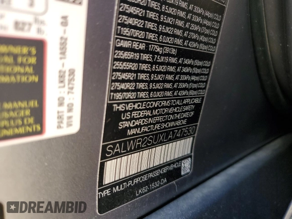 2020 Land Rover Range Rover Sport HSE with VIN SALWR2SUXLA747530, listed as a Copart auction lot 55449165 with 90,404 mi miles and Salvage title. Bid and sale history available at DreamBid. Image 13.