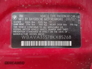 2008 BMW 3 Series 328i z VIN WBAVA33578KX85268, wystawiony jako IAAI lot #42583963 z przebiegiem 186 519 mil mil oraz . Historia ofert i sprzedaży dostępna na DreamBid. Obrazek 9.