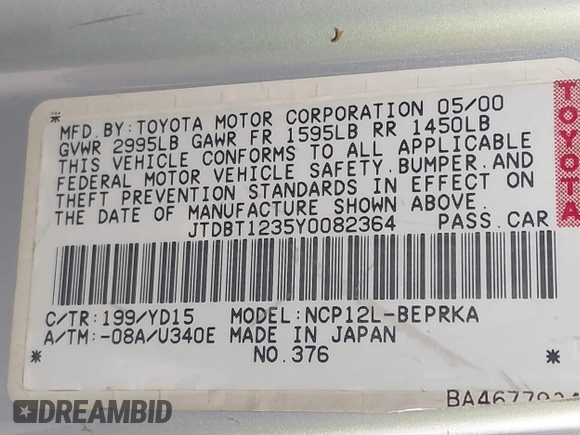 2000 Toyota ECHO z VIN JTDBT1235Y0082364, wystawiony jako IAAI lot #41894846 z przebiegiem 247 781 mil mil oraz . Historia ofert i sprzedaży dostępna na DreamBid. Obrazek 9.