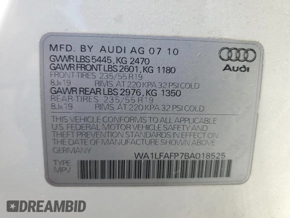 2011 Audi Q5 Premium Plus with VIN WA1LFAFP7BA018525, listed as a Copart auction lot 50548015 with 289,903 mi miles and Salvage Title. Bid and sale history available at DreamBid. Image 13.
