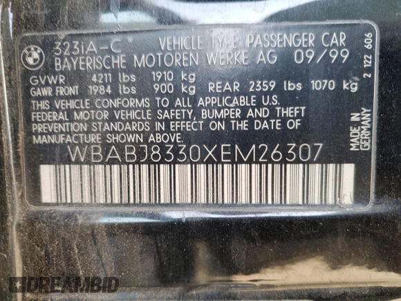 1999 BMW 3 Series 323icA with VIN WBABJ8330XEM26307, listed as a Copart auction lot 84523174 with 108,161 mi miles and Salvage Title. Bid and sale history available at carsss.com. Image 15.