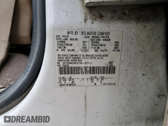2001 Ford Super Duty F-250 XL with VIN 3FTNW20F21MA57111, listed as a Copart auction lot 42433985 with 472,887 mi miles and Salvage Title. Bid and sale history available at carsss.com. Image 12.