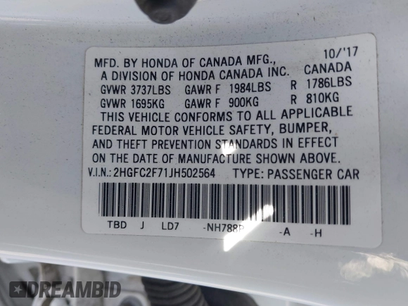 2018 Honda Civic EX with VIN 2HGFC2F71JH502564, listed as a IAAI auction lot 41933157 with 56,696 mi miles and . Bid and sale history available at DreamBid. Image 9.